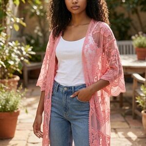 Pink Embroidered Lace Cardigan Duster Kimono Sleeve Open Front.